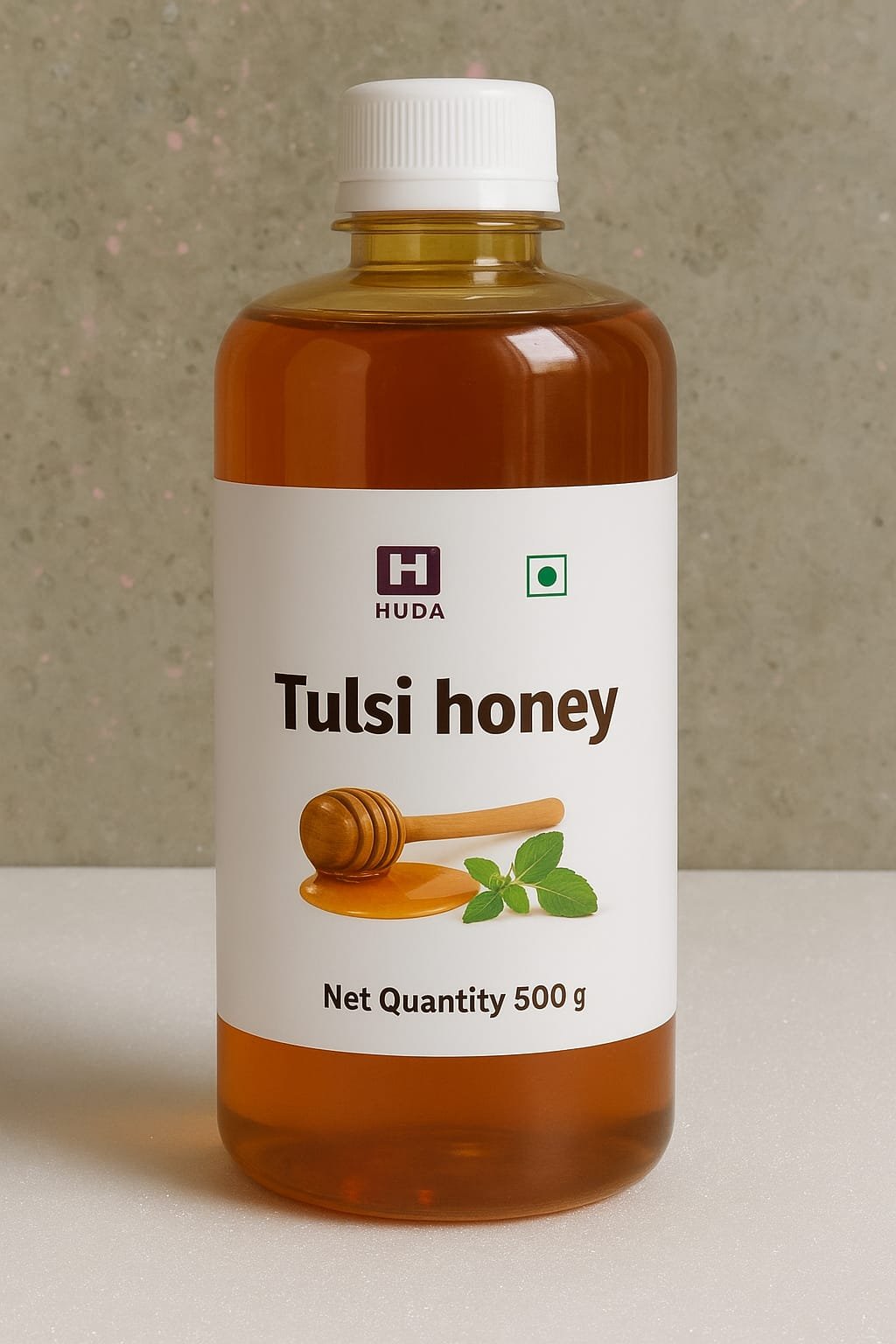 “Pure Tulsi Honey jar from Huda Enterprise — natural, herbal honey made with Tulsi extract.”